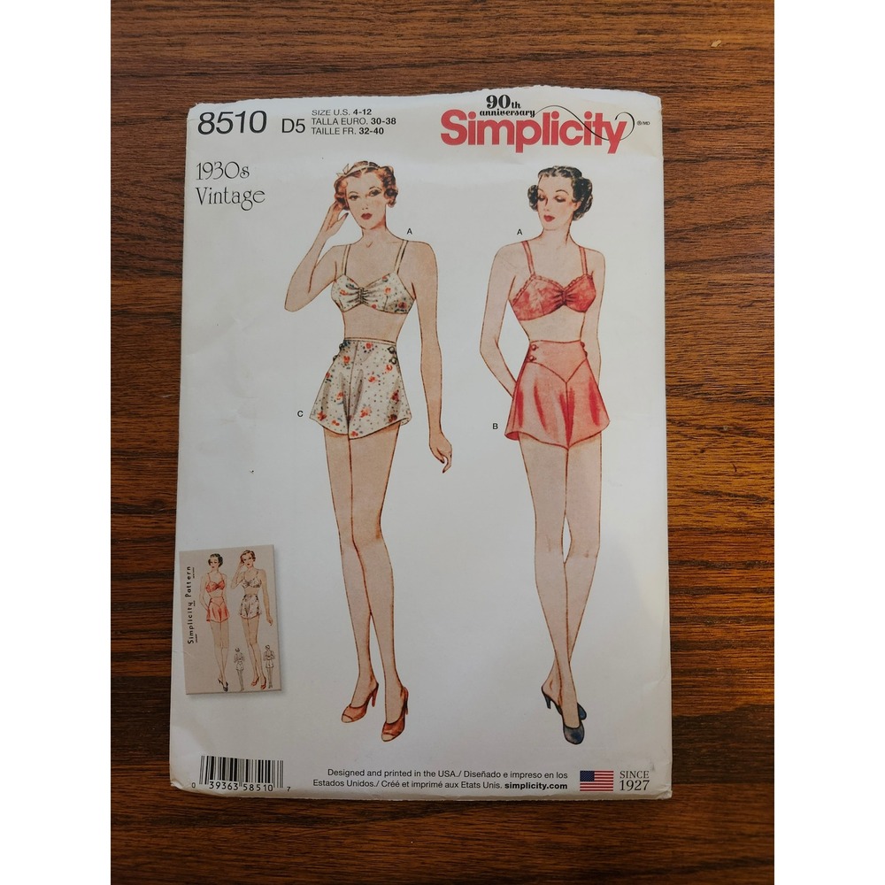 Simplicity 8510 1930s Vintage Lingerie Sewing Pattern Bra Panties Size 4-12 D5